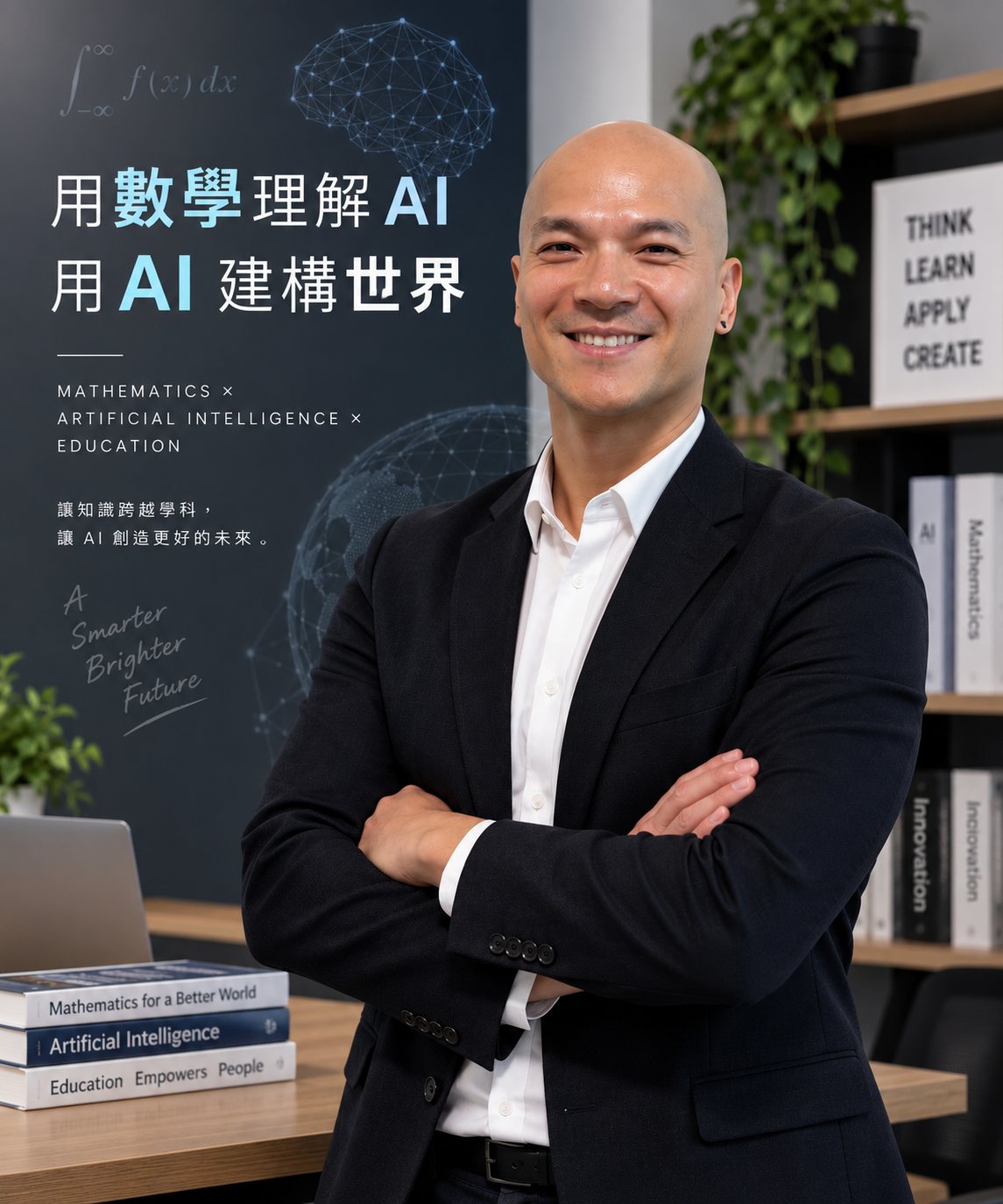 曾衒銘 2026 形象照：西裝、雙手交叉，背景為書架與「用數學理解 AI，用 AI 建構世界」標語